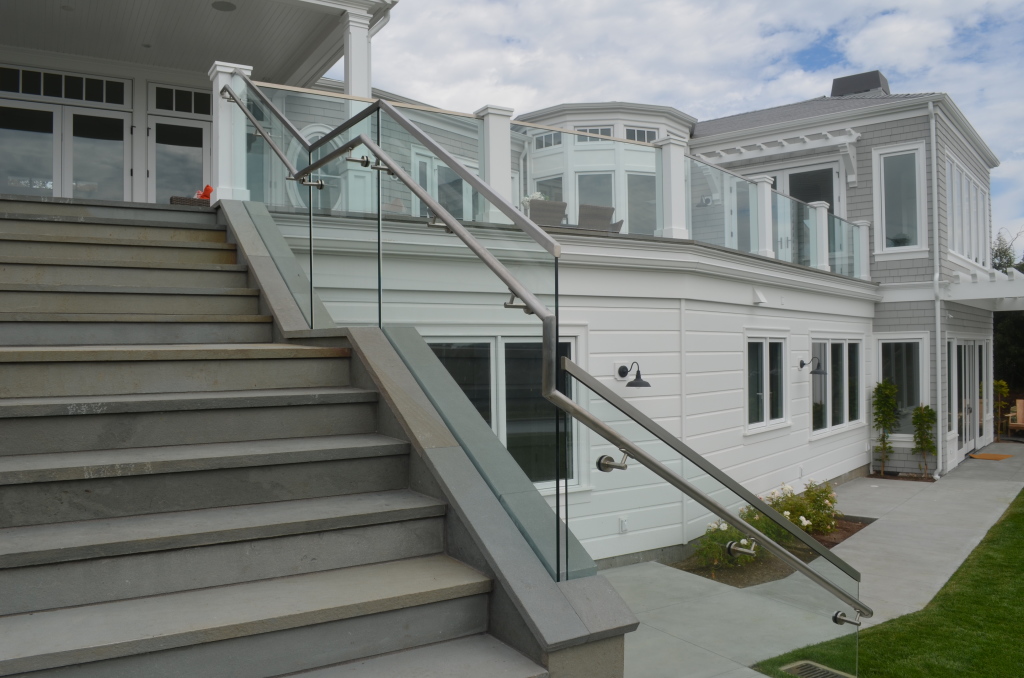 Glass stair handrail.